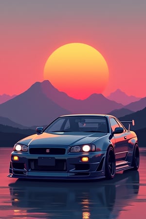 flat design 8k nissan skyline front view, tuning, with a mountain and a sunset japanese style in the background, not very detailed