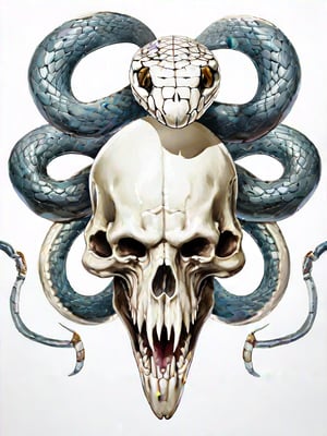 a skull front view, with a cobra entangled, entering trought the skull eye and exiting through its mouth, the cobras head is above the skull front view with its mouth open ready to strike, white backgound