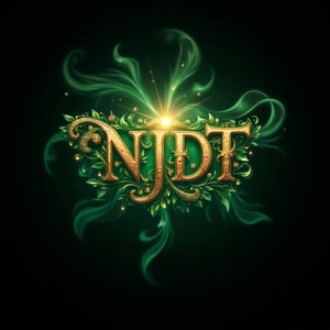 A majestic vector art logo design centered around 'NJDT' in a stylized calligraphic font with curved lines, exuding an organic fluidity. Emerald green hues dominate, punctuated by intricately embossed paisley patterns on each letter. A radiant golden glow envelops the text, accompanied by delicate leaf-like tendrils extending outward, evoking a fantastical essence. The mystical background gradient shifts from forest green to black, accentuating the ethereal light emanating from 'NJDT'.