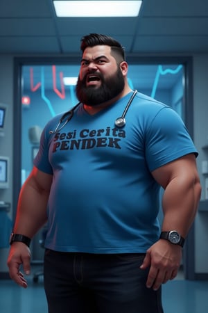 3D animation character of a 40-year-old man, large build, with an angry facial expression, side haircut, black beard, wearing a black watch on his right hand, dressed in a blue t-shirt that says "Sesi Cerita Pendek," and black jeans. He is standing and speaking with his mouth open, exhibiting random speaking gestures. The background features a hospital interior in front of the operating room, with irregular blue and red lines, creating a nighttime atmosphere.