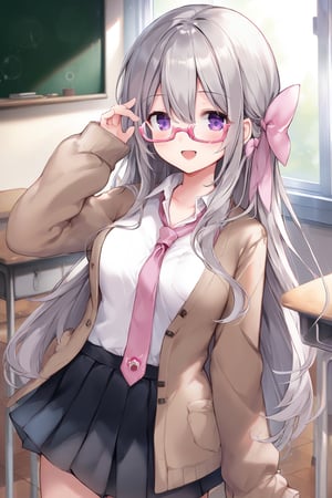 1girl, solo, long hair, breasts, looking at viewer, blush, smile, open mouth, bangs, skirt, shirt, long sleeves, bow, hair between eyes, medium breasts, very long hair, school uniform, standing, purple eyes, white shirt, :d, hair bow, grey hair, heart, pleated skirt, necktie, glasses, collared shirt, indoors, hand up, black skirt, sleeves past wrists, window, dress shirt, animal, cardigan, pink bow, semi-rimless eyewear, desk, under-rim eyewear, clock, on head, classroom, school desk, brown cardigan, pink necktie, pink-framed eyewear, wall clock