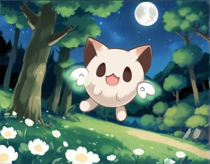  owly , 1creature , no human , solo , small wings , cute , big brown ears , animal ears , cat ears , open mouth , forest , leaf , flowers , moon , hill , mountain, dance , happy , Forest , glowing  , Starry sky, meteor shower, yggdrasil , giant tree far away ,white background , simple background , night , starry night