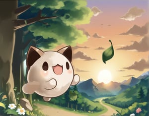  owly , 1creature , no human , solo , small wings , cute , big brown ears , animal ears , cat ears , open mouth , forest , leaf , flowers ,  sunset , dawn , hill , mountain, dance , happy , Forest , glowing  , white background , simple background , 