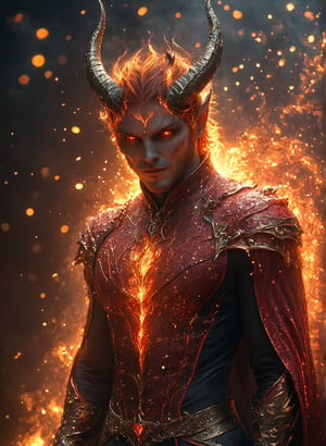 a beautiful man is wearing a devil costume and Horns on his front made of gold and fire, glowing light particles and sparkles in the style of glitter and diamond dust, hyper-realistic fire, fairycore, hkmagic, masterpiece, best quality, highly detailed, sharp focus, dynamic lighting,cip4rf,hkevil