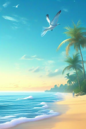 Soft focus captures a serene blue beach scene: tranquil ocean stretches to meet the sky, gentle waves lapping at the shore. Palm trees sway softly in the breeze, leaves rustling against warm sand. A lone figure stands at the water's edge, gazing out at the horizon, while seagulls soar overhead, cries carried on sea air. Framed by a calm blue sky with wispy clouds, the tranquil atmosphere is enhanced by warm sunlight casting a gentle glow.