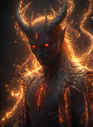 Against a dark, smoldering background, a stunning male figure dons a devil costume, his golden horns ablaze with fiery intensity. Glowing light particles and sparkles dance across his physique, reminiscent of glitter and diamond dust. Hyper-realistic flames lick at the edges of his outfit, as if fueled by his very presence. In this masterpiece, dynamic lighting casts an eerie glow, illuminating every detail of his chiseled features and razor-sharp focus. The overall effect is one of mesmerizing beauty and dark magic.