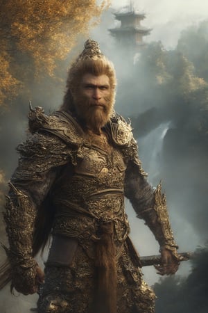 Wukong, a majestic figure clad in gleaming armor, his long beard flowing like a golden river down his chest. He stands proudly, one hand grasping the reins of a majestic dragon, its scales glinting in the warm sunlight. In the background, ancient trees tower, their leaves rustling softly as Wukong surveys his kingdom with wise, knowing eyes.