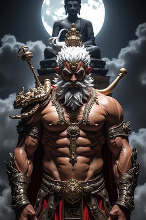 "Man, beard, chest muscles, chest hair, eight pack abs, jewelry, dynamic pose, eyes closed, white hair, night, full moon, armor, crown, reality, huge Buddha behind, a temple, plaque that says \"Tusi\""