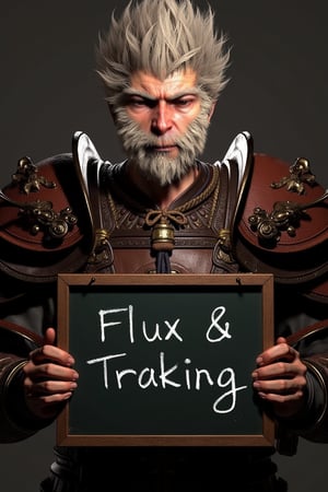 Wukong, a man in armor with a beard and a beard, Full body, holding a blackboard with Flux & TensorArt online training tutorial written on it