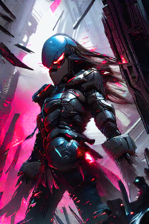 In a futuristic, sci-fi landscape, a striking Space Marine stands boldly, exuding an air of beauty and defiance. Clad in sleek, form-fitting armor that combines elegance with high-tech functionality, her figure is accentuated by the intricate designs etched into the surface. Her long hair flows freely, a vibrant color that contrasts sharply with the metallic tones of her armor. The armor features glowing accents and a stylish helmet that is casually held under her arm, revealing her captivating features and fierce determination.

Around her, the remnants of a battle scene hint at her rebellious spirit, with debris and futuristic weapons scattered across the ground. Her confident stance and piercing gaze reflect both strength and charisma, embodying the essence of a warrior who thrives in the chaos of the cosmos. With a playful smirk on her lips, she is ready to take on any challenge that comes her way, a beautiful force of nature in a world of conflict.

