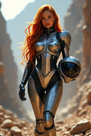 In a futuristic, sci-fi landscape, a striking Space Marine stands boldly, exuding an air of beauty and defiance. Clad in sleek, form-fitting armor that combines elegance with high-tech functionality, her figure is accentuated by the intricate designs etched into the surface. Her long hair flows freely, a vibrant color that contrasts sharply with the metallic tones of her armor. The armor features glowing accents and a stylish helmet that is casually held under her arm, revealing her captivating features and fierce determination.

Around her, the remnants of a battle scene hint at her rebellious spirit, with debris and futuristic weapons scattered across the ground. Her confident stance and piercing gaze reflect both strength and charisma, embodying the essence of a warrior who thrives in the chaos of the cosmos. With a playful smirk on her lips, she is ready to take on any challenge that comes her way, a beautiful force of nature in a world of conflict.

