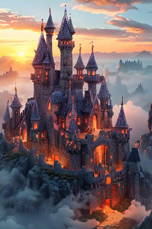 A majestic 3D castle rises from a misty valley, its stone walls glowing with a warm, golden light as the sun sets behind. The camera captures a sweeping aerial view of the sprawling structure, with towers and turrets reaching for the sky like giant's fists. The air is thick with mystery and ancient secrets.