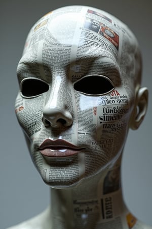 high-definition photograph of a mask crafted from layered wet newspaper, mask should have a realistic glossy shine achieved by a translucent coating that laminates the surface, skin of the mask displays various newspaper articles, with headlines, text, and images visible and slightly distorted due to the layering effect, mask's contours should follow the natural shape of a human face, with detailed features such as eye holes, a nose, and a mouth, glossy finish reflects light, creating subtle highlights and giving the mask a striking, polished appearance, lighting should be soft but focused, emphasizing the glossiness of the translucent coating and the texture of the layered newspaper, image should convey a sense of creativity and craftsmanship, symmetrical composition,
 game asset, blender, rule of thirds, golden ratio, octane render, photorealism, cinematic realism, unreal engine
