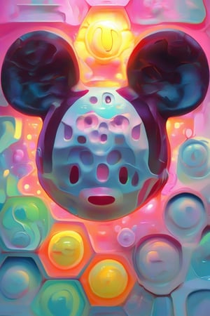 Dream art A 3D render of a Disney-style Mickey Mouse face with a pastel pink and blue gradient. Mickey's face is made of a hexagon honeycomb pattern. The background is filled with the same hexagon honeycomb pattern in various shades of pink and blue. The image has a cool, ethereal vibe. 