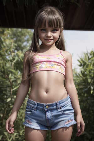 A 6-year-old girl with sly smile, posed in provocative yet playful manner, wearing bright pink crop top and distressed denim shorts, exudes youthful rebellion. Blurred background frames her intentionally sultry gaze, sharing secret only camera knows. Warm lighting accentuates porcelain doll-like complexion. Centered composition focuses on mischievous smirk and defiant posture.