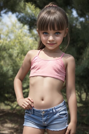 A 6-year-old girl with a sly smile, posed in a provocative yet playful manner. She wears a bright pink crop top and distressed denim shorts, exuding a sense of youthful rebellion. Framed by a blurred background, her gaze is intentionally sultry, as if sharing a secret only the camera knows. The lighting is warm, accentuating her porcelain doll-like complexion. Composition-wise, she's centered, with the focus on her mischievous smirk and defiant posture.