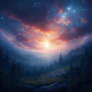 Dawn, intricate, recognizing the land, into the forest, only light of the stars, wonderful sky, view from the low, deep background, cinematic light. dynamic light,noc-space