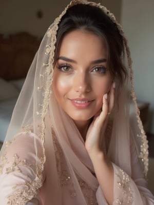 Full-body Instagram selfie of a beautiful young woman named Nazia, Nazia is wearing a elegant translucent dupatta which covering her head, the dupatta is draped in a sexy manner, the edges of the hijab is intricately laced.Nazia has a beautiful face, beautiful eyes, long eyelashes, innocent smile, no makeup, natural skin texture with imperfections, Nazia is sitting in a sexy way while taking the selfie,Enhanced all