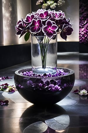 (((Black and white photography )))_(((Art photography, masterpiece)))_( A large round translucent concrete crystal  vase filling the image, lying on a museum floor with cyclamen  ,a light-violet hydrangea  in divergent perspective:1.7)_(black and white  surroundings:1.2),  dark palette, 28mm, t1/250, f14,  high resolution and contrast and colour contrast,  intricately textured and extremely subtle detailed,  detailmaster2,  side-light, volumetric  lighting, ultra quality,  fine artwork , Raw Photo