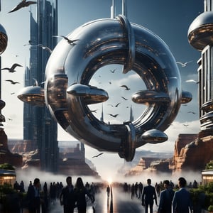 A gleaming silver flying ship with gull-wing doors open, revealing a radiant interior, soars effortlessly through the futuristic city's skyline. Fog-shrouded streets below, illuminated by moody tones, reflect off its metallic hull. In the distance, towering ant-like structures rise from the Grand Canyon floor, their glass domes and communications spires piercing the sky.

Neon lights dance across buildings as pedestrians hurry to and fro amidst towering skyscrapers. A majestic office building rises from the city's heart, its sleek design a testament to urban evolution. As night falls, the city transforms into a vibrant tapestry of lights and sounds.,futureurbannight,futureurbanday,Newcolony