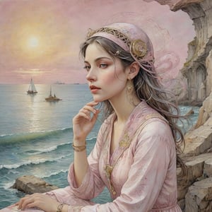 Art Nouveau style, Pale pink and white dressed girl conversing with the face and meditating over the sea. Golden line, liquid silver, liquid rainbow, art on a cracked paper, ink paint. Whimsical art, pop surrealism, inspired by Gabriel Pacheco and Michael Cheval. Masterpiece, bizarre, hyper detailed, diaphanous, DonM0ccul7Ru57XL, on parchment,art_booster