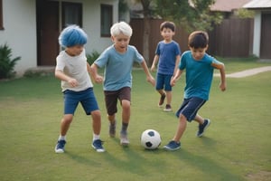 
three brothers play football in the yard of the house, one boy has white hair, the other has blue hair, the third has brown hair 