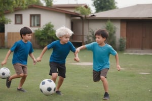 
three brothers play football in the yard of the house, one boy has white hair, the other has blue hair, the third has brown hair 