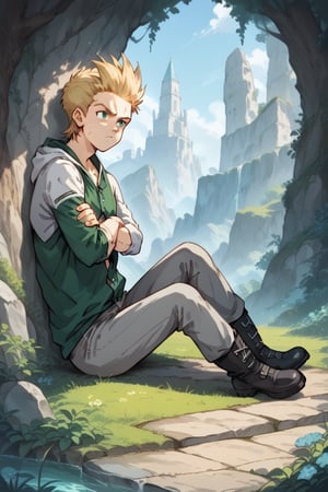 Score_9,score_8_up, score_7_up, source_anime,rating_questionable, xsiestx, xcolx,
BREAK,
 Middle body,solo,a man, blonde hair, green chaket, grey pants,  black boots,blue and green eyes,
 BREAK,
White background, detailed face , standing ,sitting,crossed arms 

