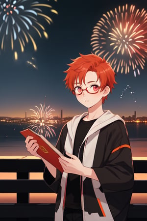 boy, clothes white and black, orange and red hair, pink eyes, 1.93 tall, holding a brown book written physics, small gray glasses, with fireworks in the background of a beautiful view