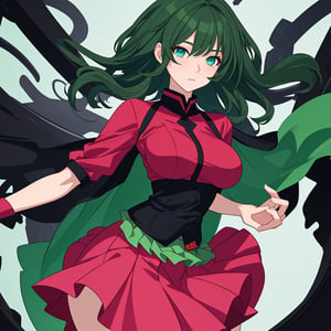 woman, medium_breasts, red_clothes, green_clothes, black-hair, green_hair, blue_eyes, pink_skirt, large_skirt,