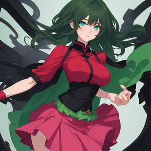 woman, medium_breasts, red_clothes, green_clothes, black-hair, green_hair, blue_eyes, pink_skirt, large_skirt,