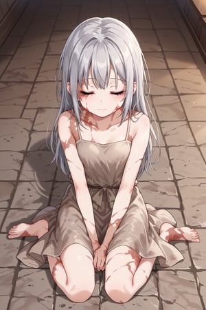 1 young girl,Sylvie,sylvie, silver hair, long_hair, gray eyes, face scar, body scars, sitting_on_floor, dirty brown dress, closed eyes, gray floor, brown walls