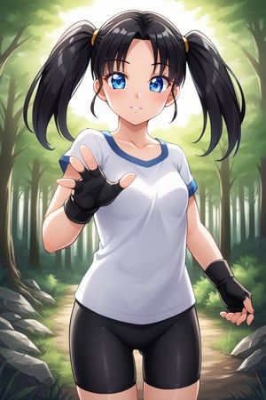 videl, , videl, black hair, blue eyes, eyelashes, (parted bangs:1.5), twintails,BREAK bike shorts, black gloves, black legwear, collarbone, fingerless gloves, gloves, shirt, short sleeves, white shirt,BREAK outdoors, nature, forest, sun, sky, clouds,BREAK looking at viewer, (cowboy shot:1.5),BREAK , (masterpiece:1.2), best quality, high resolution, unity 8k wallpaper, (illustration:0.8), (beautiful detailed eyes:1.6), extremely detailed face, perfect lighting, extremely detailed CG, (perfect hands, perfect anatomy),