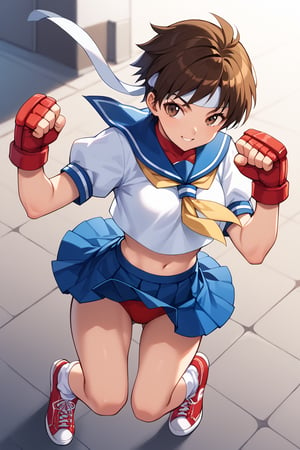 score_9, score_8_up, score_7_up, score_6_up, source_anime, perfect anatomy //characters, 1 girl, solo, sakura kasugano, brown eyes, brown hair, short hair, abdomen, belly, belly button, school uniform, shirt, white shirt, crop top, sailor collar, short sleeves, skirt, blue skirt, miniskirt, ankle socks, shoes, socks, sneakers, headband, white headband, gloves, red gloves, red buruma,//situations, street,//pose, syouryuken, uppercut, punch the sky, jump, from above,/LoRA, beautiful_female_fingers, perfect anatomy, correct number of fingers, 5_fingers, perfect hands, pretty hands