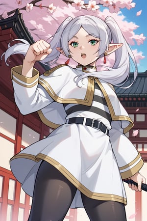 score_9,score_8_up,score_7_up,score_6_up,score_5_up,score_4_upFrierenSSnF,grey hair, long hair, green eyes, twintails, parted bangs, earrings, pointy ears,FrierenCasual, striped shirt, white capelet, black belt, white skirt, long sleeves, black pantyhose,,fighting stance,from below,east asian architecture,cherry blossoms,