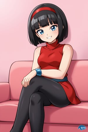 videl, 1girl, solo, black hair, blue eyes, cowboy shot,, sitting, indoors,short hair,black leggings,pink wall,smile,red sleeveless dress, devil logo, blue bracelet, black belt,red hairband,turtleneck,blunt bangs,short dress,on couch,(crossed legs,hands on own knees), (best quality, masterpiece) ,