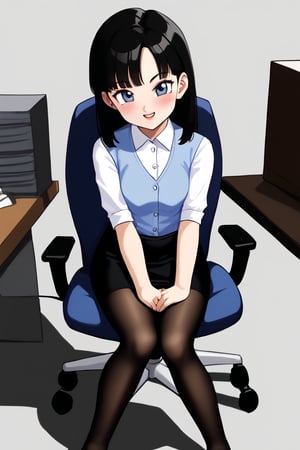 (masterpiece, best quality), a young black haired girl office secretary dressed in a transparent white blouse and black office skirt and black pantyhose ,sitting in an office chair,