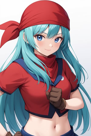 best quality, (masterpiece),(ultra-detailed), (high quality), (high resolution), , 1girl, aqua hair, blue eyes, brapan, gloves, long hair, red shirt, solo,bandana, upper body, short sleeves, navel, skirt,