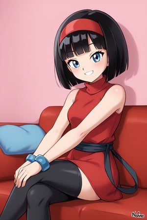 videl, 1girl, solo, black hair, blue eyes, cowboy shot,, sitting, indoors,short hair,black leggings,pink wall,smile,red sleeveless dress, devil logo, blue bracelet, black belt,red hairband,turtleneck,blunt bangs,short dress,on couch,(crossed legs,hands on own knees), (best quality, masterpiece) ,