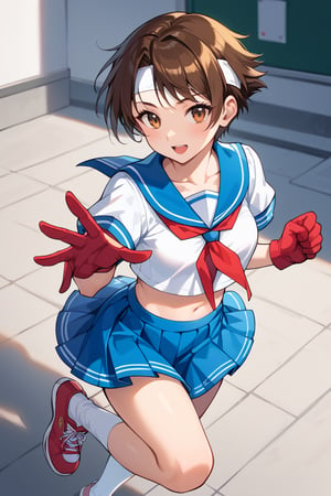 score_9, score_8_up, score_7_up, score_6_up, source_anime, perfect anatomy //characters, 1girl, solo, sakura kasugano, brown eyes, brown hair, short hair, midriff, stomach, navel, school uniform, shirt, white shirt, crop top, sailor collar, short sleeves, skirt, blue skirt, miniskirt, ankle socks, shoes, socks, sneakers, headband, white headband, gloves, red gloves, ,//situations, street ,//pose, syouryuken, uppercut, punch the sky , jumping, from above ,/LoRA, beautiful_female_fingers, perfect anatomy, correct number of fingers, 5_fingers, perfect hands, beautiful hands