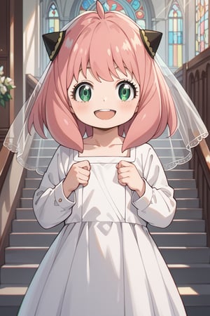 score_9,score_8_up,score_7_up,score_6_up,score_5_up,score_4_up,source_anime,anya forger,bangs,green eyes,pink hair,ahoge,hair ornament,hairpods,child,female child,long sleeves,anya_\(spy_x_family\) score_9,score_8_up,score_7_up,source anime,very detailed illustration, little girl,loli, wedding dress,looking at viewer,open mouth,smile,solo,winking,church