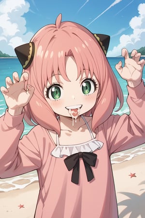 score_9,score_8_up,score_7_up,score_6_up,score_5_up,score_4_up,source_anime,anya forger,bangs,green eyes,pink hair,ahoge,hair ornament,hairpods,child,female child,long sleeves,anya_\(spy_x_family\), 1girl,source_anime, aatakagi, solo, brown hair single hair bun, parted bangs, frilled bikini, pink bikini, hands up, claw pose, smile, beach, sky, collarbone,sticky_cum mouth