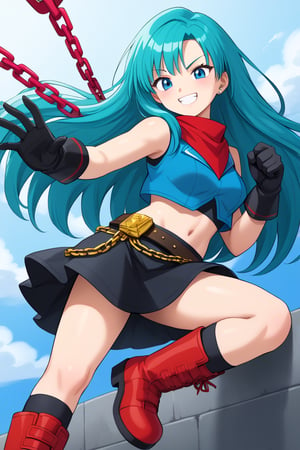  best quality, (masterpiece),(ultra-detailed), (high quality), (high resolution), , 1girl, aqua hair, black gloves, black skirt, blue eyes, boots, brapan, chain, crop top, gloves, grin, long hair, midriff , red footwear, shirt, skirt, solo,bandana,