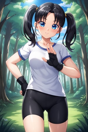 videl, , videl, black hair, blue eyes, eyelashes, (parted bangs:1.5), twintails,BREAK bike shorts, black gloves, black legwear, collarbone, fingerless gloves, gloves, shirt, short sleeves, white shirt,BREAK outdoors, nature, forest, sun, sky, clouds,BREAK looking at viewer, (cowboy shot:1.5),BREAK , (masterpiece:1.2), best quality, high resolution, unity 8k wallpaper, (illustration:0.8), (beautiful detailed eyes:1.6), extremely detailed face, perfect lighting, extremely detailed CG, (perfect hands, perfect anatomy),