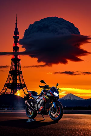 A Kawasaki Ninja H2R motorcycle doing a burnout in front of Tokyo Tower, with a vibrant sunset casting warm light over the scene. Mount Fuji is visible in the distant background, partially obscured by the smoke from the burnout. The motorcycle is centered in the frame, with Tokyo Tower to the left and Mount Fuji to the right, creating a balanced composition. The sky is painted with hues of orange and pink, contrasting with the dark silhouette of the motorcycle.