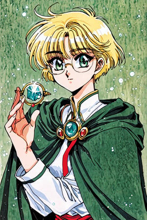 score_9,score_8_up,score_7_up,masterpiece,best quality,Magic Knight Rayearth,Hououji Fuu,1girl,solo,green theme,short hair,blonde hair,crystal,retro artstyle,1990s \(style\),glasses,round eyewear,cape,green eyes,,