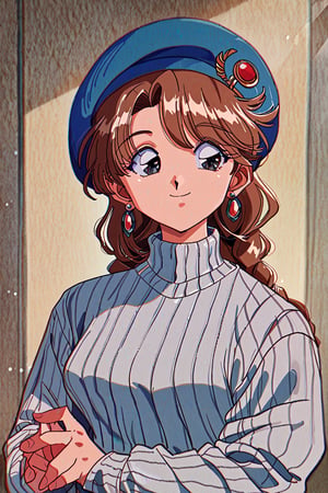 score_9,score_8_up,score_7_up,masterpiece,best quality,
hrn_yc Style,
1girl,solo,brown hair,jewelry,earrings,hat,sweater,upper body,smile,long hair,braid,blue headwear,looking at viewer,long sleeves,beret,retro artstyle,ribbed sweater,
,