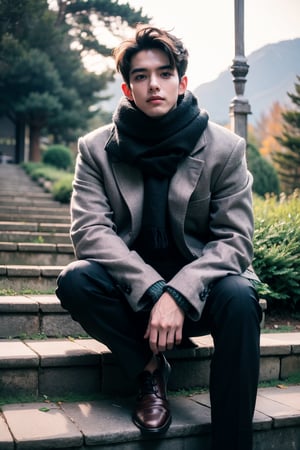 solo, looking at viewer, short hair, 1boy, sitting, jacket,  male focus, outdoors, pants, scarf, tree, coat, stairs, realistic, winter clothes, winter