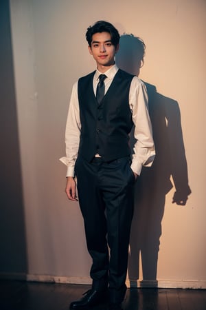 solo, looking at viewer, smile, shirt, black hair, 1boy, standing, full body, white shirt, male focus, necktie, pants, black footwear, vest, shadow, formal, black necktie, black vest, hands in pockets