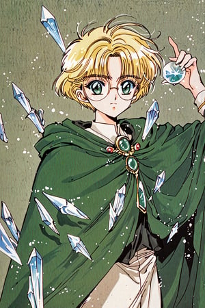 score_9,score_8_up,score_7_up,masterpiece,best quality,Magic Knight Rayearth,Hououji Fuu,1girl,solo,green theme,short hair,blonde hair,crystal,retro artstyle,1990s \(style\),glasses,round eyewear,cape,green eyes,,